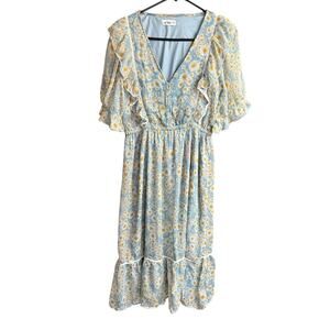 In Loom Midi Floral Dress Tiered Skirt Ruffles Blue Cottagecore Bohemian Boho